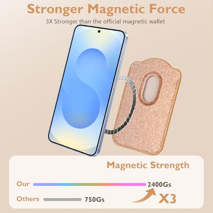 Fjcdslwx Compatible with Magsafe Wallet Magnetic Card Holder -Glitter Gold Phone Wallet for Galaxy S25 Series,iPhone 17/16/15/14/13 Series for Women Teen Girls for Apple Mag RFID Magnet,Fit 3 Cards - color: Gold