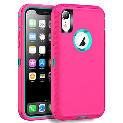 MXX Compatible with iPhone Xr Case, 3-Layer Super Protective Full Heavy Duty Body Tough Rugged Bumper Cover, Shock & Dust Proof, Designed for Apple Xr Phone Case 6.1" - color: Pink/Teal Blue