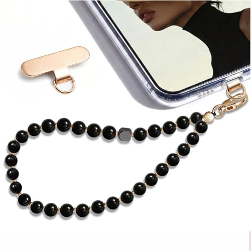 Food-Grade Silicone Phone Wrist Strap with Tether Tab/Clip, Sparkling Bead Phone Lanyard/Phone Charm - color: Black
