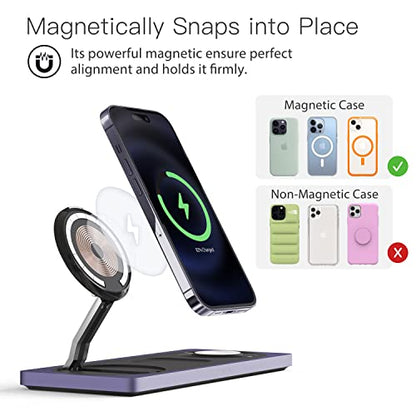 PETINO Mag-Safe Charger Stand, 3-in-1 Magnetic Wireless Charging Station for Apple Devices, iPhone 15/14/13/12 Series, Apple Watch, AirPods Pro (Purple) - color: Purple