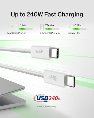 Belkin USB C to USB C 240W Cable 2 Pack, 6.6ft Fast iPhone Charger Cord - color: White, style: 6.6 ft - 2 pack