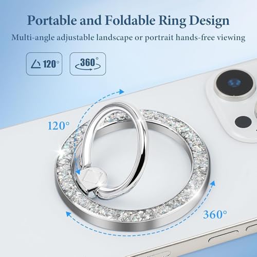 Magnetic Phone Ring for MagSafe Phone Grip, Magnetic Cell Phone Stand Holder Finger Ring [Super Magnet] Compatible with iPhone 17/16/15/14/13/12 Series - Stylish Glitter Silver-S-25