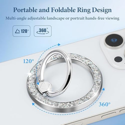 Magnetic Phone Ring for MagSafe Phone Grip, Magnetic Cell Phone Stand Holder Finger Ring [Super Magnet] Compatible with iPhone 17/16/15/14/13/12 Series - Stylish Glitter Silver-S-25