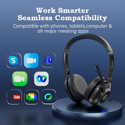 Bluetooth Wireless Headset with Mic for Work, Advanced Noise Reduction Microphone, Clear Calls - Comfortable On-Ear Headphones, Bluetooth 5.3, Applicable to PC, Zoom(Without USB Dongle)
