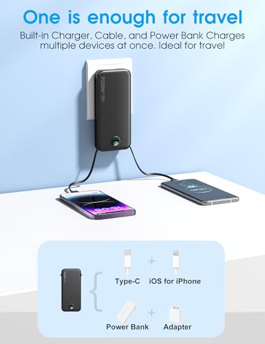 citicr Portable Charger 10000mAh PD20W w/Built-in Cables & Wall Plug Black - color: Matte Black