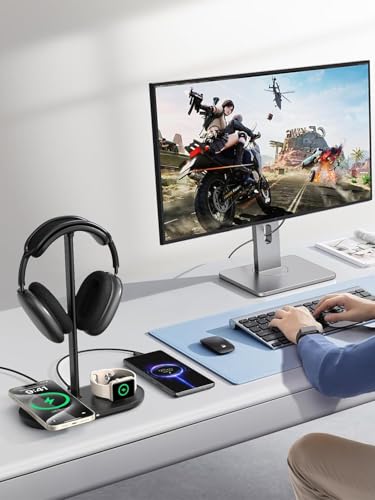 Headphone Stand with Wireless Charger, Holder for Airpods Max/iPhone/iWatch - color: Cream White