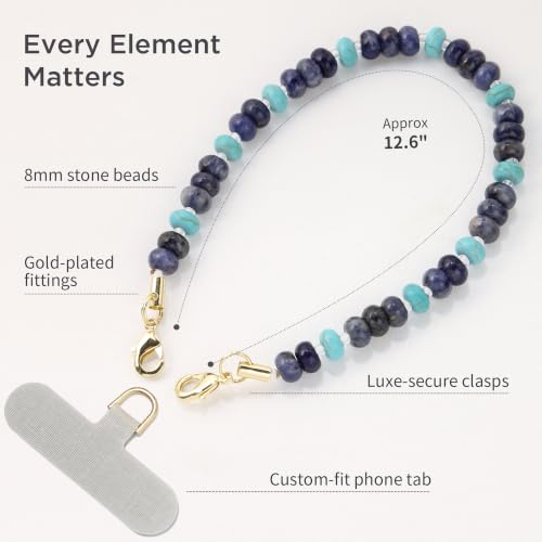 POSADINA Natural Stone Phone Charm, Beaded Healing Phone Wrist Strap, Handmade Cellphone Chain Lanyard with Tether Tab - color: Ocean Current