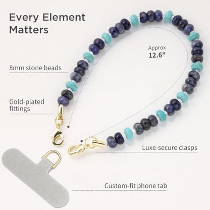 POSADINA Natural Stone Phone Charm, Beaded Healing Phone Wrist Strap, Handmade Cellphone Chain Lanyard with Tether Tab - color: Ocean Current