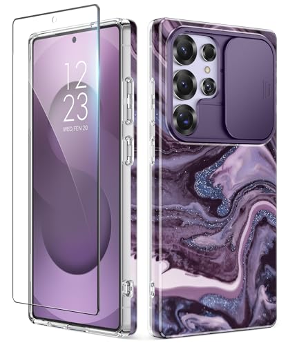 GVIEWIN for Samsung Galaxy S25 Ultra Case with Slide Camera Cover, [Screen Protector] [Shockproof Military Grade Drop Protection] Marble Slim Fit Hard PC Phone Cover S25 Ultra 6.9" 2025 (Quicksand) - color: A-Quicksand/Purple, size: For Galaxy S25 Ultra 6