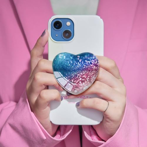 Expandiing Moblile Phone Grip Heart Glass Holder for Smartphones, Cell Phone Collapsible Stand（ Blue Rose Gold Glitter