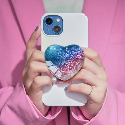 Expandiing Moblile Phone Grip Heart Glass Holder for Smartphones, Cell Phone Collapsible Stand（ Blue Rose Gold Glitter