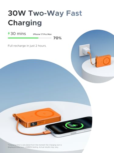 UGREEN MagFlow 10000mAh Qi2 25W Wireless Power Bank Built-in Cable - color: Orange