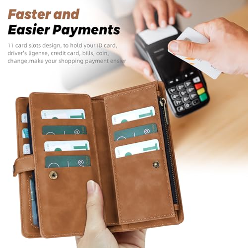 TwoHead for iPhone 11 Wallet case with 11 Card Holder (Brown) | Detachable Magnetic Phone Case, PU Leather Wallet for Women/Men,Wireless Charging Compatible,with Wrist Strap - color: Brown