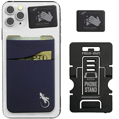 Gecko Travel Tech Double Pocket - Adhesive Card Holder - Cell Phone Pouch - Stick on Spandex Pocket - Carry Credit Cards and Cash (Navy) - color: NAVY