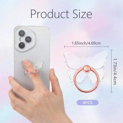 4pcs Transparent Butterfly Phone Ring Holder Clear Butterfly Phone Case Ring 360°Rotation Finger Holder Grip Compatible with Most Smartphones Tablets Cellphone Case
