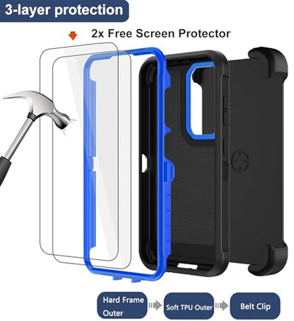 for Samsung Galaxy S25 Case, Samsung Galaxy S24 Case, with 2X Screen Protector, Dual Layer Bumper Cover with Belt Clip Holster & Kickstand Phone Case for Galaxy S25/S24 5G (Black/Blue) - color: Black/Blue