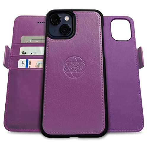 Dreem Vegan Leather Magnetic Detachable Wallet Case for iPhone 13 Purple | Built-in Phone Stand, RFID Blocking Card Holder Flip Cover, MagSafe Compatible, Gift Box [Fibonacci: Purple] - color: Purple, size: iPhone 13