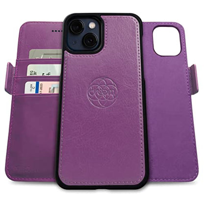 Dreem Vegan Leather Magnetic Detachable Wallet Case for iPhone 13 Purple | Built-in Phone Stand, RFID Blocking Card Holder Flip Cover, MagSafe Compatible, Gift Box [Fibonacci: Purple] - color: Purple, size: iPhone 13