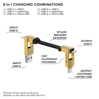 Rolling Square inCharge 6 - Keychain USB C Charger Cable, Lightning Cable and Micro-USB for Smartphone, Universal Cable Charger 6 in 1, USB Plug, 15W, Gold - color: Gold