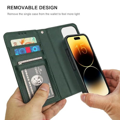 Bocasal Detachable Wallet Case Card Holder for iPhone 15 Pro, Green | RFID Blocking Kickstand Card Slots Holder PU Leather Magnetic Shockproof Wrist Strap Removable Flip Protective Cover 6.1 inch - color: Green