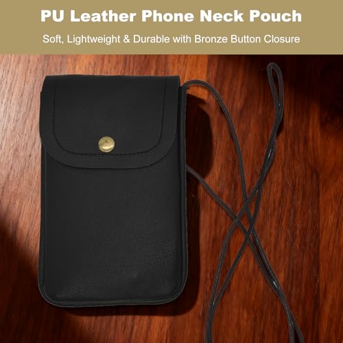 Cell Phone Pouch for Around the Neck Black PU Leather Necklace Holder with Adjustable Lanyard Flip Case and Carrier for Small Travel Purse and Credit Card Holder Hands-Free Mobile Bag