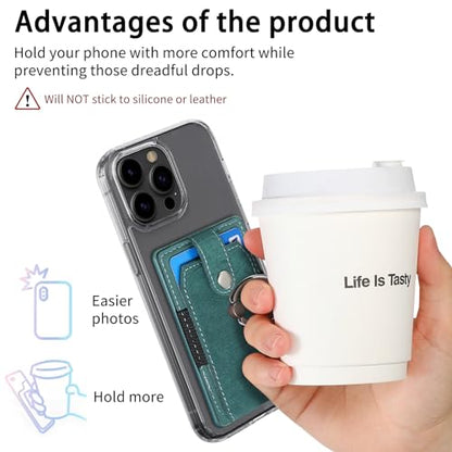 Cell Phone Card Holder with Ring Grip,Adhesive Phone Card Wallet,Green