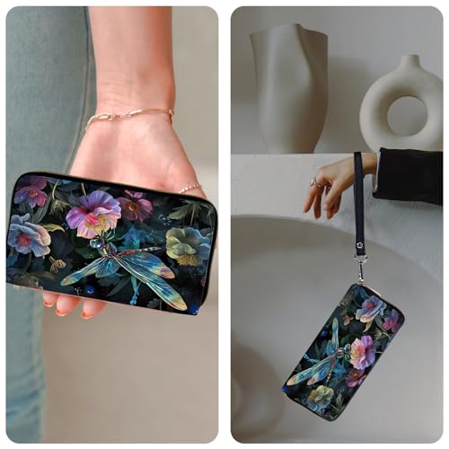 Ladies Wallet,Clutch Purses for Women Wallets Leather Credit Card Holder for Women Wristlet Slim Small Cute with Zipper,Thin RFID Blocking with Wrist Strap,Art Cute Dragonfly - color: Art Cute Dragonfly