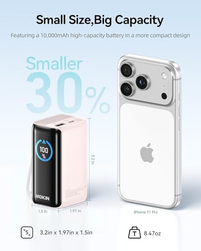 MOKiN Portable Charger with Built-in Retractable USB-C Cable, 45W Fast Charging 10000mAh Power Bank, Compact Travel Battery Pack for iPhone 17/16, Samsung Galaxy, iPad, Pixel and More - color: Pink