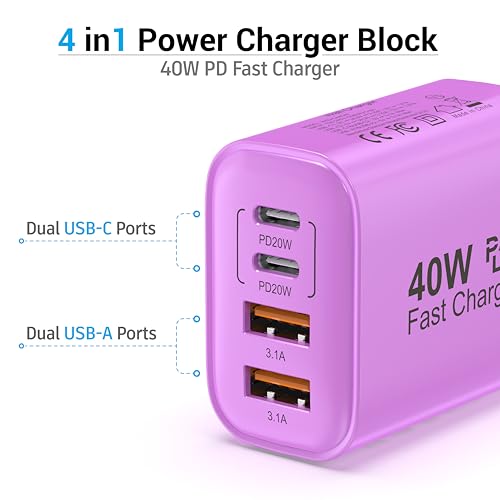 TT&C USB C Charger Block, 40W 4 Ports Wall Charger for iPhone 17,16,15,14 - color: Purple 1Pack
