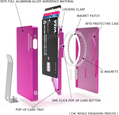 Magnetic Card Holder with Money Clip,for Magsafe Phone Wallet with Slide Button Quick Access to Bank Credit Card,Metal RFID Blocking Case for IPhone 17/16/15/14/13/12 Series(No 12/13 mini) (Rose Red) - color: Basic Magnetic With Clip - Rose Pink
