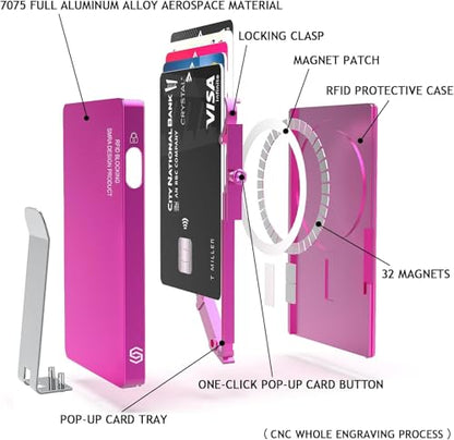 Magnetic Card Holder with Money Clip,for Magsafe Phone Wallet with Slide Button Quick Access to Bank Credit Card,Metal RFID Blocking Case for IPhone 17/16/15/14/13/12 Series(No 12/13 mini) (Rose Red) - color: Basic Magnetic With Clip - Rose Pink
