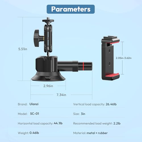 Ulanzi SC-01 Heavy-Duty Suction Cup Mount for Camera/Phone/Accessory (3"), Pump-actived Vacuum Suction Cup Mount, Magic Arm Phone Holder Action Cam Adapter Car Boats Windshield Window Mount - color: SC-01