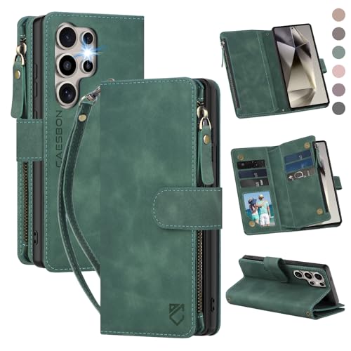for Samsung Galaxy S24-Ultra-Wallet Case: with RFID Blocking Card Slots (6 Cards) | Soft PU Leather Magnetic Snap Zipper Pocket | Crossbody Wrist Strap Protective Phone Cover - Green - color: Green, size: Galaxy S24 Ultra（6.8‘’）