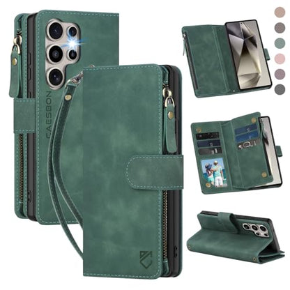 for Samsung Galaxy S24-Ultra-Wallet Case: with RFID Blocking Card Slots (6 Cards) | Soft PU Leather Magnetic Snap Zipper Pocket | Crossbody Wrist Strap Protective Phone Cover - Green - color: Green, size: Galaxy S24 Ultra（6.8‘’）