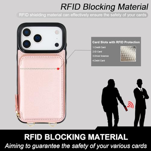 Bocasal Multi-Slot Crossbody Wallet Case for iPhone 17 Pro Max, Rose Gold | RFID Blocking PU Leather Purse Case with Card Holder, Handbag Flip Cover with Zipper Wrist Strap Lanyard for Women 6.9 Inch - color: Rose Gold