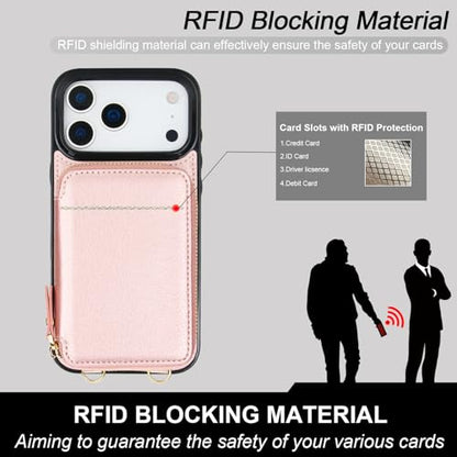 Bocasal Multi-Slot Crossbody Wallet Case for iPhone 17 Pro Max, Rose Gold | RFID Blocking PU Leather Purse Case with Card Holder, Handbag Flip Cover with Zipper Wrist Strap Lanyard for Women 6.9 Inch - color: Rose Gold