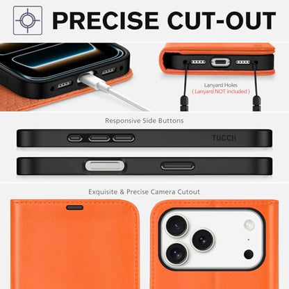 TUCCH Wallet Case for iPhone 17 Pro Max (6.9") 2025, 4 Card Slots, Orange | RFID Blocking, Viewing Stand, Shockproof TPU Shell, PU Leather, Magnetic Closure, Protective Folio Flip Cover - color: Orange