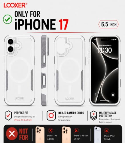 LOOXER® Heavy Duty Rugged Magnetic Case for iPhone 17 (6.3”) | Military Grade Shockproof Protection,MagSafe Compatible+ Tempered Glass Included (White, 17) - color: White, size: 17