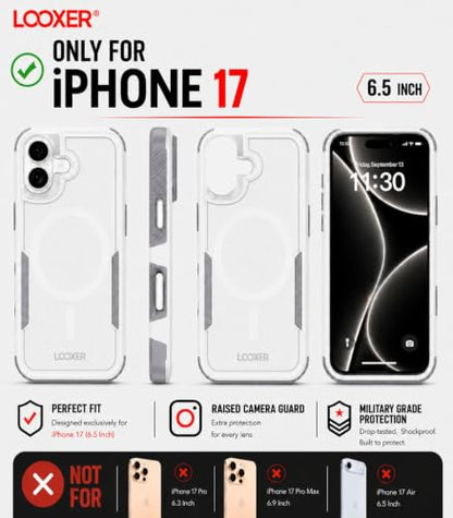 LOOXER® Heavy Duty Rugged Magnetic Case for iPhone 17 (6.3”) | Military Grade Shockproof Protection,MagSafe Compatible+ Tempered Glass Included (White, 17) - color: White, size: 17