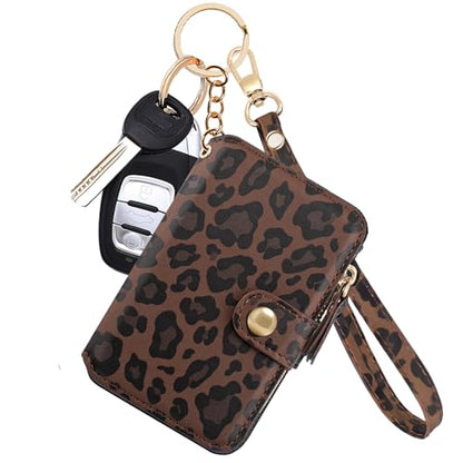 M-Plateau RFID Blocking Keychain Wallet With Leather Wrist Strap | Keychain Wristlet, Womens Card Holder with Zipper Coin Pocket and ID Window - color: Leopard