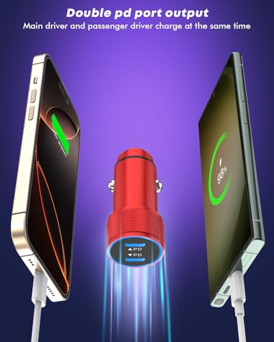 Fast Car Charger for iPhone 17,USB C Charging iPhone 2Pack Dual USB C Port - color: Red 3FT