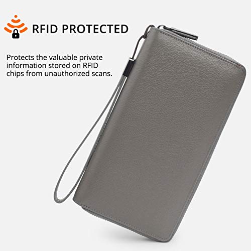 Bveyzi Women RFID Blocking Wallet Leather Zip Around Phone Clutch Large Capacity Ladies Travel Purse Wristlet - color: Grey