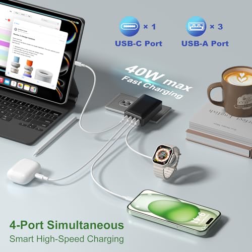 Flat USB C Wall Charger, OKRAY 3Pack 40W 4-Port Fast Charging Foldable Plug - color: Black - 3Pack