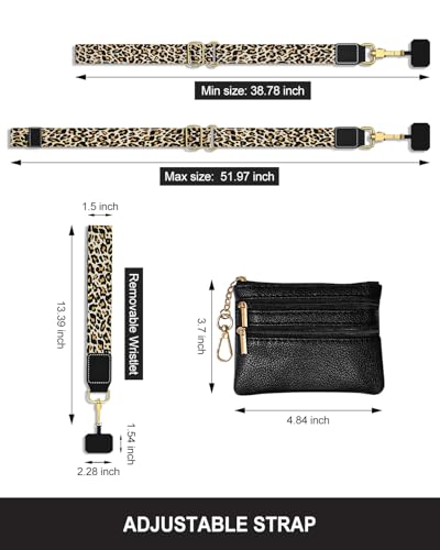 Nipichsha Crossbody Phone Strap with Wallet, Clip and Go Strap for Phone - color: Black Leopard