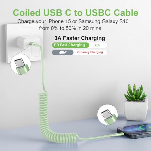 USB C to C Cable 3FT, 2Pack Coiled USB C Fast Charging Cable for CarPlay - color: Green, size: 3FT
