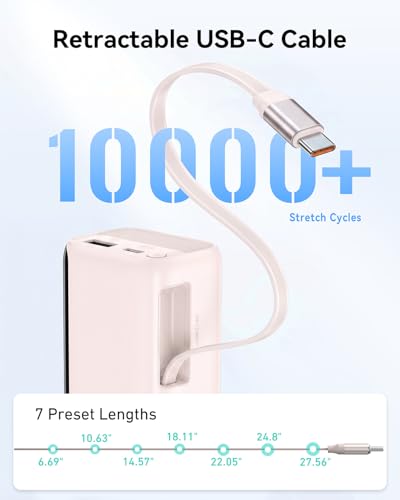 MOKiN Portable Charger with Built-in Retractable USB-C Cable, 45W Fast Charging 10000mAh Power Bank, Compact Travel Battery Pack for iPhone 17/16, Samsung Galaxy, iPad, Pixel and More - color: Pink