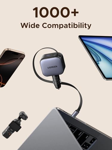 UGREEN 145W 4-Port Retractable Car Charger with 60W Retractable Cable