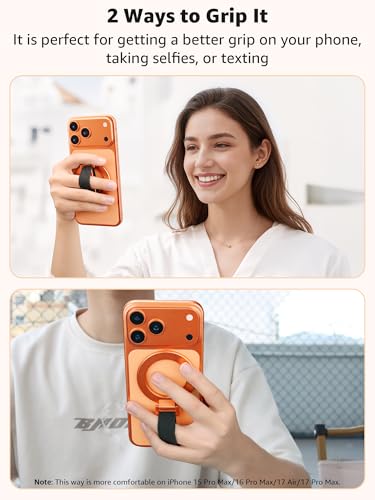SUPERONE Magnetic Phone Grip with Finger Strap, Orange Magnetic Ring Holder - color: Orange
