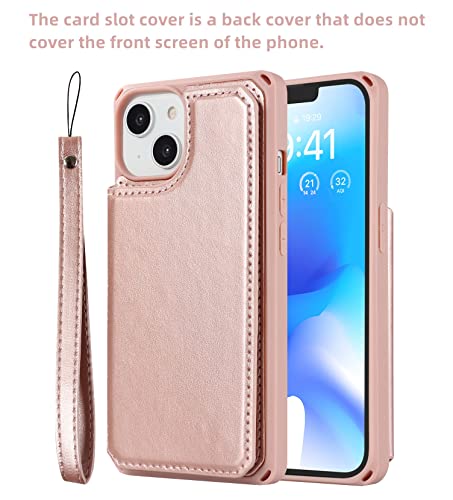 iCoverCase Compatible with iPhone 14 Wallet Phone Case with Card Holder for Women, RFID Blocking Embossed PU Leather Wrist Strap Case 6.1 Inch (Macaron Rose Gold) - color: P-Rose Gold
