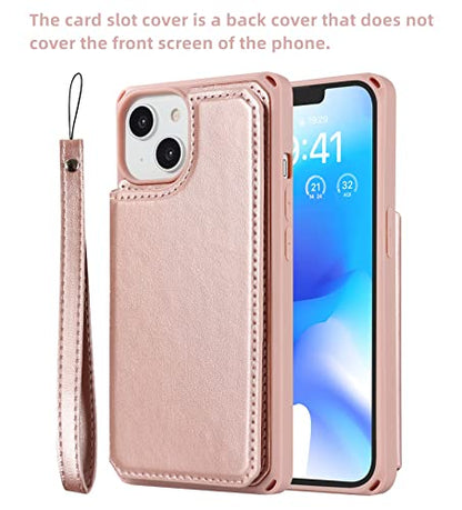 iCoverCase Compatible with iPhone 14 Wallet Phone Case with Card Holder for Women, RFID Blocking Embossed PU Leather Wrist Strap Case 6.1 Inch (Macaron Rose Gold) - color: P-Rose Gold